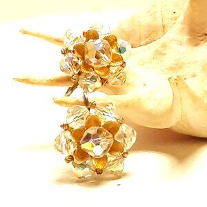 Vintage Aurora Borealis Crystal Cluster Gold Tone Clip Earring Retro Granny Core